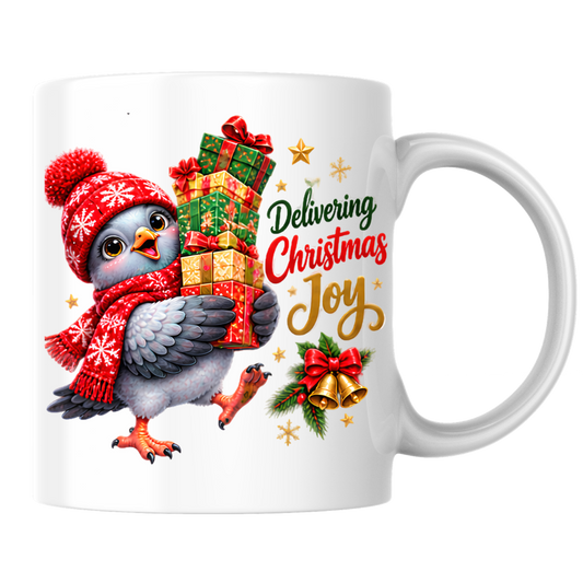 Christmas Mug "Delivering Christmas Joy Cute Bird" 325ml Ceramic Coffee Mug – Adorable Christmas Bird in Red Snowflake Beanie Scarf Carrying Stack Of Festive Gift Boxes Holiday Gift | Available in Multicolours | Fast Dispatch by UK Seller (M3269)