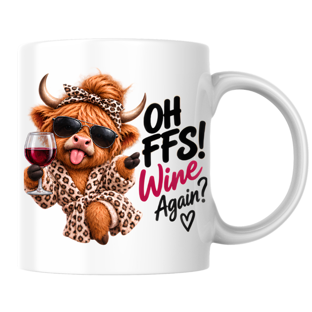 Highland Cow Wine Lover Mug "Oh FFS! Wine Again?" Oh FFS! Wine Again? 325ml Ceramic Coffee Mug – Cute Highland Cow in Leopard Bathrobe, Bow & Sunglasses holding Red Wine Glass | Funny Gift | Fast Dispatch by UK Seller (M3389)