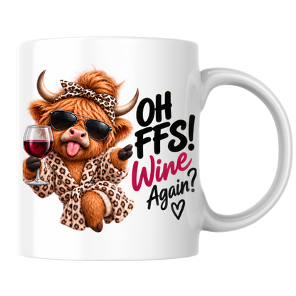 Highland Cow Wine Lover Mug "Oh FFS! Wine Again?" Oh FFS! Wine Again? 325ml Ceramic Coffee Mug – Cute Highland Cow in Leopard Bathrobe, Bow & Sunglasses holding Red Wine Glass | Funny Gift | Fast Dispatch by UK Seller (M3389)