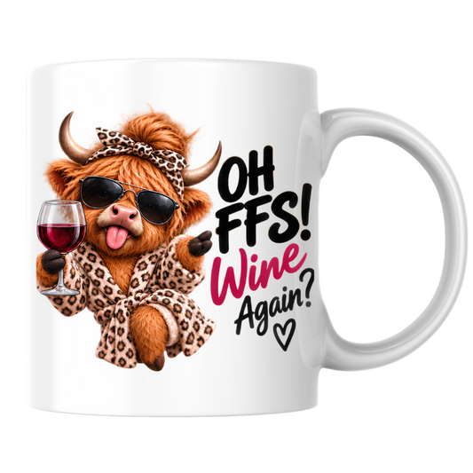 Highland Cow Wine Lover Mug "Oh FFS! Wine Again?" Oh FFS! Wine Again? 325ml Ceramic Coffee Mug – Cute Highland Cow in Leopard Bathrobe, Bow & Sunglasses holding Red Wine Glass | Funny Gift | Fast Dispatch by UK Seller (M3389)