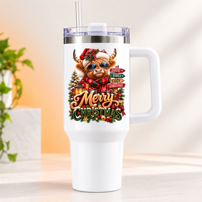 Festive Christmas Highland Cow Travel Tumbler "Merry Christmas" Graphic 40oz Stainless Steel Insulated Travel Mug with Handle & Straw – Cool Cow in Santa Hat, Sunglasses, Scarf & North Pole Sign Novelty Travel Cup | Fast Dispatch by UK Seller (T3042)