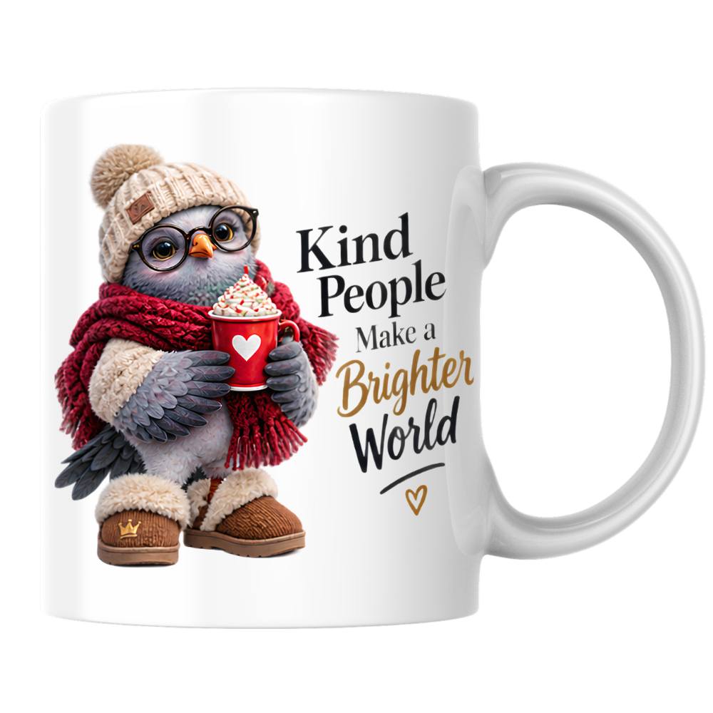 Inspirational Mug "Kind People Make a Brighter World Cozy Bird" 325ml Ceramic Coffee Mug – Cute Cozy Bird In Beanie Glasses Scarf Boots Hot Cocoa Gift For Friends Family | Available in Multicolours | Fast Dispatch by UK Seller (M3238)