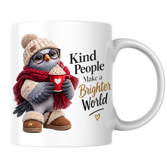 Inspirational Mug "Kind People Make a Brighter World Cozy Bird" 325ml Ceramic Coffee Mug – Cute Cozy Bird In Beanie Glasses Scarf Boots Hot Cocoa Gift For Friends Family | Available in Multicolours | Fast Dispatch by UK Seller (M3238)