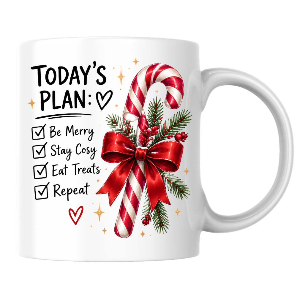 Christmas Candy Cane Checklist Mug "Today's Plan Be Merry Stay Cosy" Today's Plan Be Merry Stay Cosy 325ml Ceramic Coffee Mug – Festive Candy Cane with Red Ribbon & Check-list Artwork | Holiday Gift | Fast Dispatch by UK Seller (M3399)