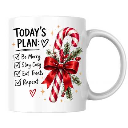 Christmas Candy Cane Checklist Mug "Today's Plan Be Merry Stay Cosy" Today's Plan Be Merry Stay Cosy 325ml Ceramic Coffee Mug – Festive Candy Cane with Red Ribbon & Check-list Artwork | Holiday Gift | Fast Dispatch by UK Seller (M3399)