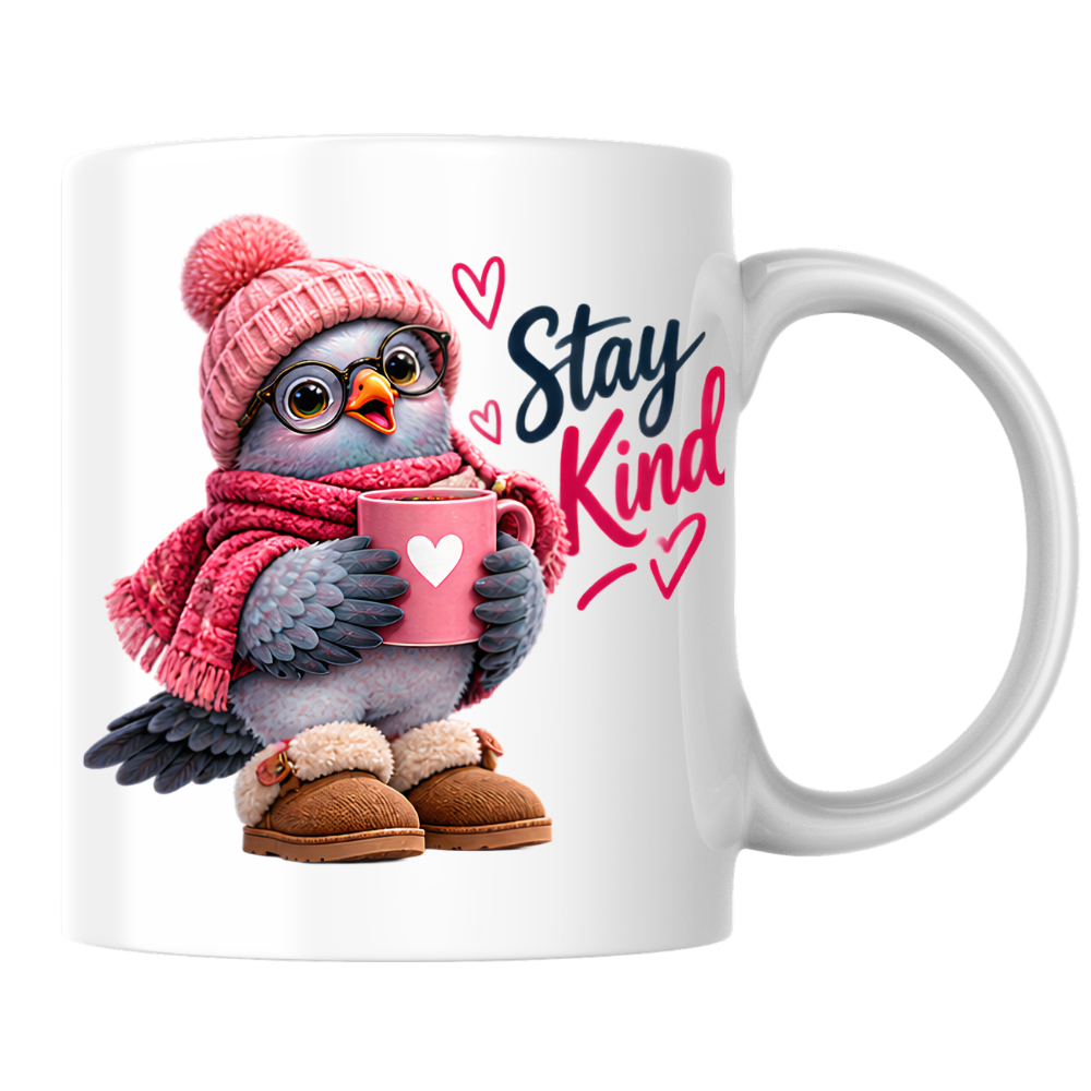 Inspirational Mug "Stay Kind Cozy Bird" Stay Kind 325ml Ceramic Coffee Mug – Cute Cozy Pink Bird in Beanie, Glasses, Scarf & Boots with Hot Cocoa Heartwarming Gift For Friends Family | Available in Multicolours | Fast Dispatch by UK Seller (M3244)