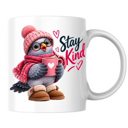Inspirational Mug "Stay Kind Cozy Bird" Stay Kind 325ml Ceramic Coffee Mug – Cute Cozy Pink Bird in Beanie, Glasses, Scarf & Boots with Hot Cocoa Heartwarming Gift For Friends Family | Available in Multicolours | Fast Dispatch by UK Seller (M3244)