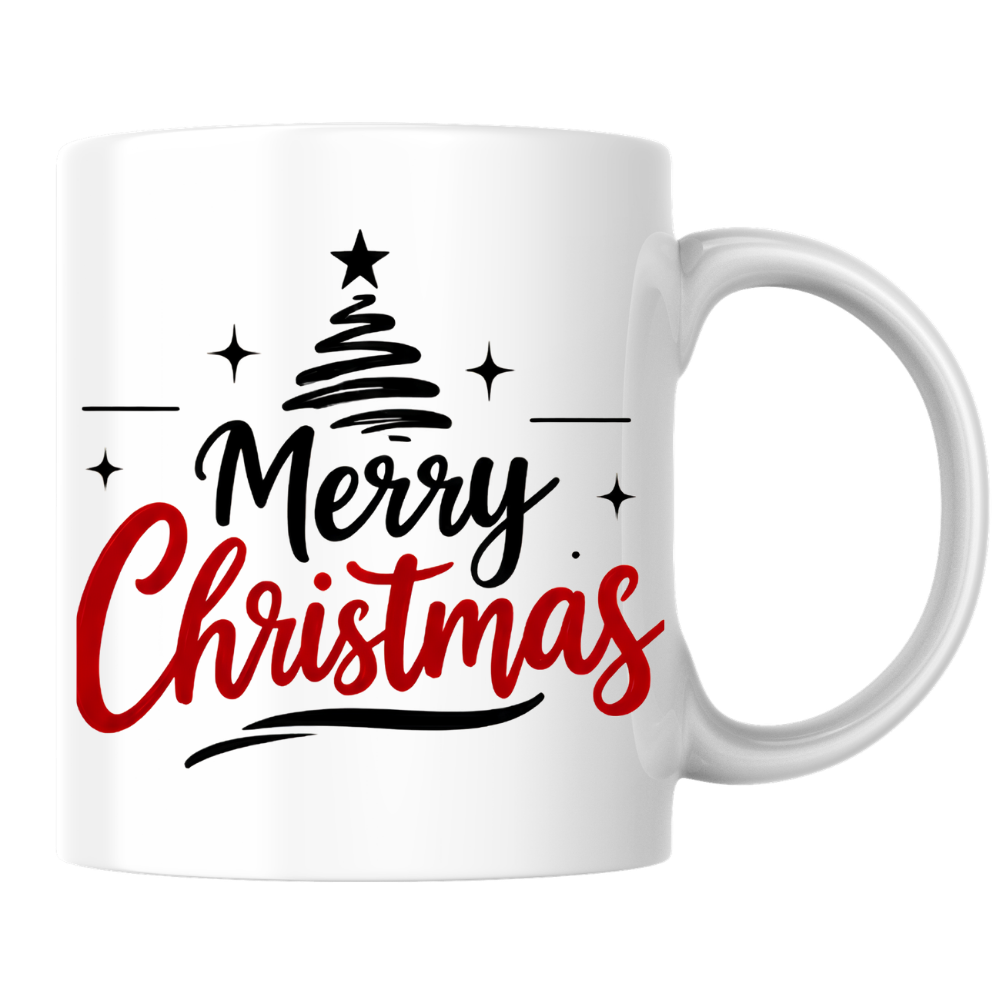 Minimalist Christmas Tree Mug "Merry Christmas" Merry Christmas 325ml Ceramic Coffee Mug – Minimalist Typography Slogan with Black Abstract Christmas Tree, Star Topper & Sparkling Stars | Holiday Gift | Fast Dispatch by UK Seller (M3432)