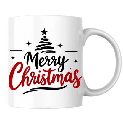 Minimalist Christmas Tree Mug "Merry Christmas" Merry Christmas 325ml Ceramic Coffee Mug – Minimalist Typography Slogan with Black Abstract Christmas Tree, Star Topper & Sparkling Stars | Holiday Gift | Fast Dispatch by UK Seller (M3432)