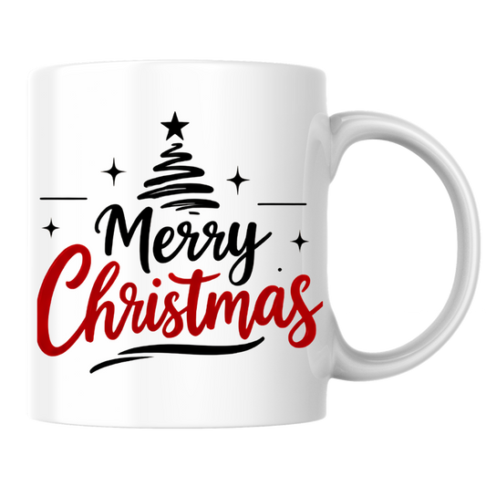 Minimalist Christmas Tree Mug "Merry Christmas" Merry Christmas 325ml Ceramic Coffee Mug – Minimalist Typography Slogan with Black Abstract Christmas Tree, Star Topper & Sparkling Stars | Holiday Gift | Fast Dispatch by UK Seller (M3432)