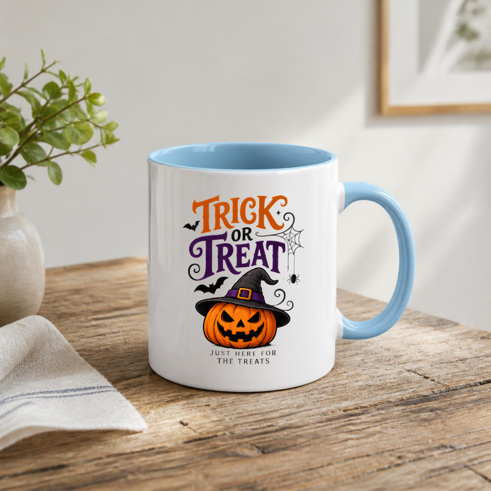 Halloween Mug "TRICK OR Treat Just Here For The Treats" Jack-o'-lantern 325ml Ceramic Coffee Mug – Festive Pumpkin Tea Cup with Witch Hat Spider Web Graphic Gift | Available in Multicolours | Fast Dispatch by UK Seller (M3071)