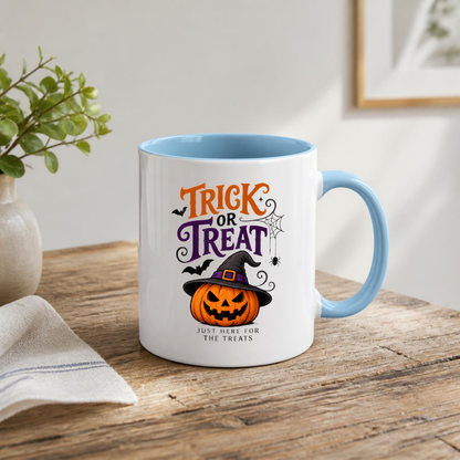 Halloween Mug "TRICK OR Treat Just Here For The Treats" Jack-o'-lantern 325ml Ceramic Coffee Mug – Festive Pumpkin Tea Cup with Witch Hat Spider Web Graphic Gift | Available in Multicolours | Fast Dispatch by UK Seller (M3071)