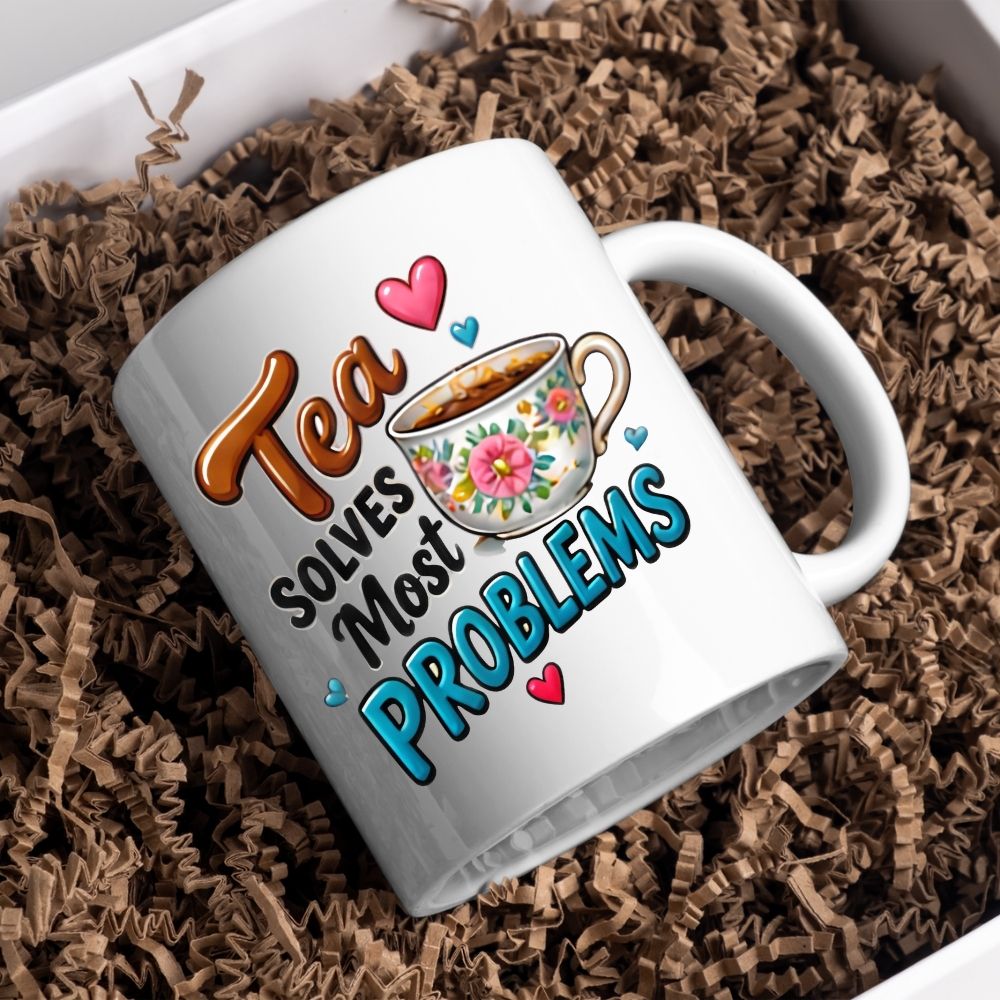 Humorous Mug "Tea Solves Most Problems" 325ml Ceramic Coffee Mug – Funny British Cuppa Tea Cup with Vintage Floral Teacup & Hearts Graphic Gift | Available in Multicolours | Fast Dispatch by UK Seller (M1314)