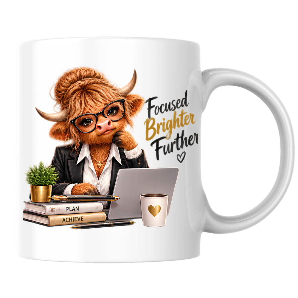 Highland Cow Mug "Focused Brighter Further Highland Cow" 325ml Ceramic Coffee Mug – Smart Highland Cow in Blazer Glasses At Laptop Desk With Plan Achieve Books Office Gift | Available in Multicolours | Fast Dispatch by UK Seller (M3281)