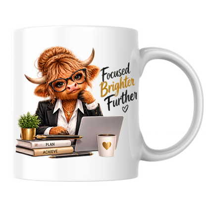 Highland Cow Mug "Focused Brighter Further Highland Cow" 325ml Ceramic Coffee Mug – Smart Highland Cow in Blazer Glasses At Laptop Desk With Plan Achieve Books Office Gift | Available in Multicolours | Fast Dispatch by UK Seller (M3281)