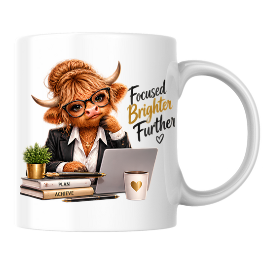 Highland Cow Mug "Focused Brighter Further Highland Cow" 325ml Ceramic Coffee Mug – Smart Highland Cow in Blazer Glasses At Laptop Desk With Plan Achieve Books Office Gift | Available in Multicolours | Fast Dispatch by UK Seller (M3281)