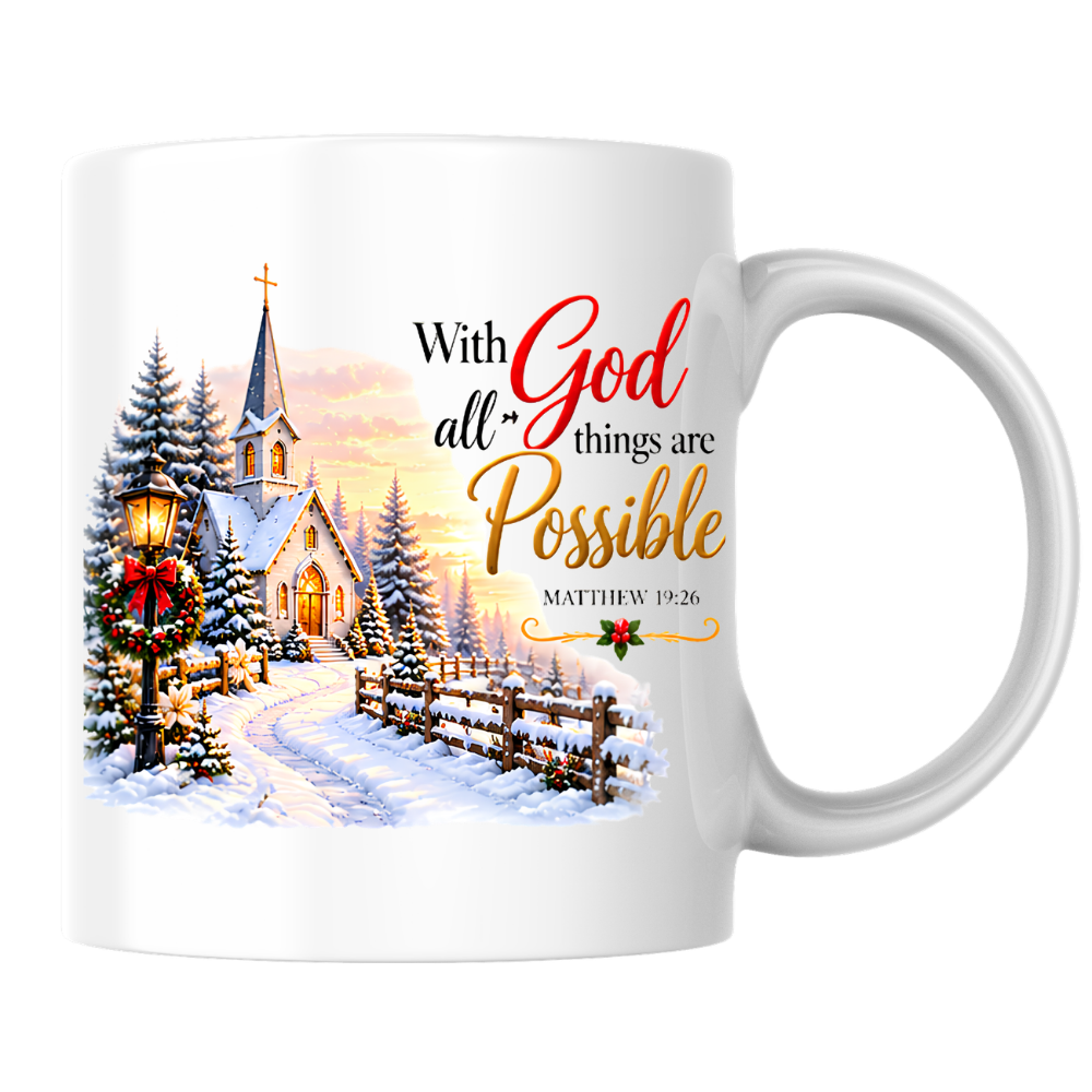 Religious Christmas Mug "With God All Things Are Possible" With God All Things Are Possible 325ml Ceramic Coffee Mug – Christian Winter Church Scripture Mug with Matthew 19:26 | Religious Holiday Gift | Fast Dispatch by UK Seller (M3341)