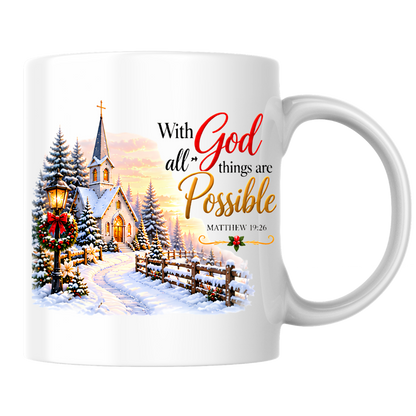 Religious Christmas Mug "With God All Things Are Possible" With God All Things Are Possible 325ml Ceramic Coffee Mug – Christian Winter Church Scripture Mug with Matthew 19:26 | Religious Holiday Gift | Fast Dispatch by UK Seller (M3341)