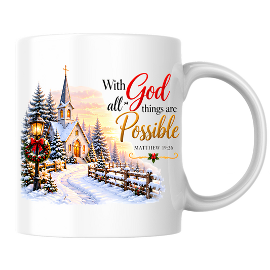 Religious Christmas Mug "With God All Things Are Possible" With God All Things Are Possible 325ml Ceramic Coffee Mug – Christian Winter Church Scripture Mug with Matthew 19:26 | Religious Holiday Gift | Fast Dispatch by UK Seller (M3341)