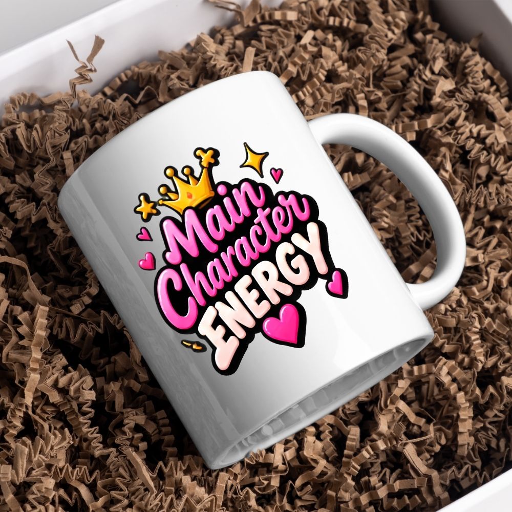 Sassy Mug "Main Character Energy" 325ml Ceramic Coffee Mug Cute Bold Typography Tea Cup with Gold Crown, Sparkles & Pink Hearts Gift | Available in Multicolours | Fast Dispatch by UK Seller (M1299)