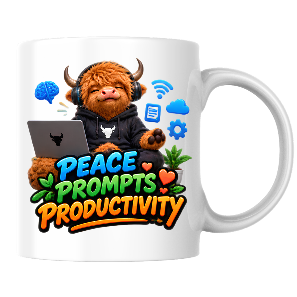 Tech Mug "Peace Prompts Productivity Highland Cow" 325ml Ceramic Coffee Mug – Cute Highland Cow in Hoodie with Laptop Headphones AI Tech Icons Gift For Developers Prompt Engineers | Available in Multicolours | Fast Dispatch by UK Seller (M3232)