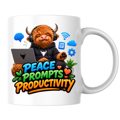 Tech Mug "Peace Prompts Productivity Highland Cow" 325ml Ceramic Coffee Mug – Cute Highland Cow in Hoodie with Laptop Headphones AI Tech Icons Gift For Developers Prompt Engineers | Available in Multicolours | Fast Dispatch by UK Seller (M3232)