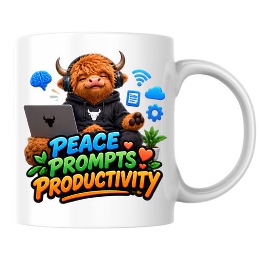 Tech Mug "Peace Prompts Productivity Highland Cow" 325ml Ceramic Coffee Mug – Cute Highland Cow in Hoodie with Laptop Headphones AI Tech Icons Gift For Developers Prompt Engineers | Available in Multicolours | Fast Dispatch by UK Seller (M3232)