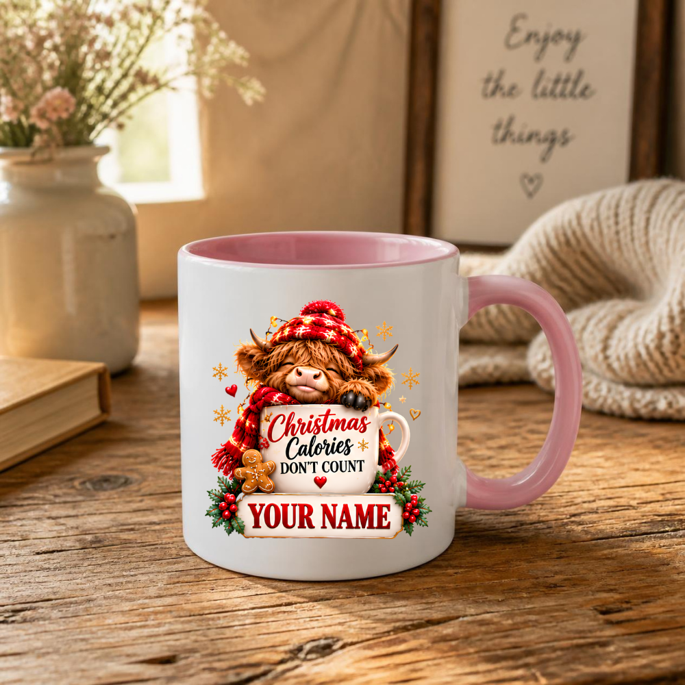 Personalised Christmas Mug "Christmas Calories Don't Count" 325ml Ceramic Coffee Tea Cup – Santa Hat Highland Cow, Gingerbread Man, Custom Name & Funny Holiday Slogan Novelty Gift for Bestie, Women, Holiday – Fast Dispatch by UK Seller (M3519)