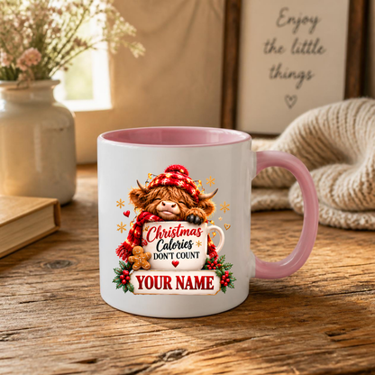 Personalised Christmas Mug "Christmas Calories Don't Count" 325ml Ceramic Coffee Tea Cup – Santa Hat Highland Cow, Gingerbread Man, Custom Name & Funny Holiday Slogan Novelty Gift for Bestie, Women, Holiday – Fast Dispatch by UK Seller (M3519)