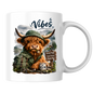 Cozy Mug "Vibes - Rainy Days, Good Views, Happy Moo" Hiking Highland Cow 325ml Ceramic Coffee Mug Whimsical Outdoor Tea Cup with Rain Hat and Mountain Scene Graphic Gift | Available in Multicolours | Fast Dispatch by UK Seller (M3156)