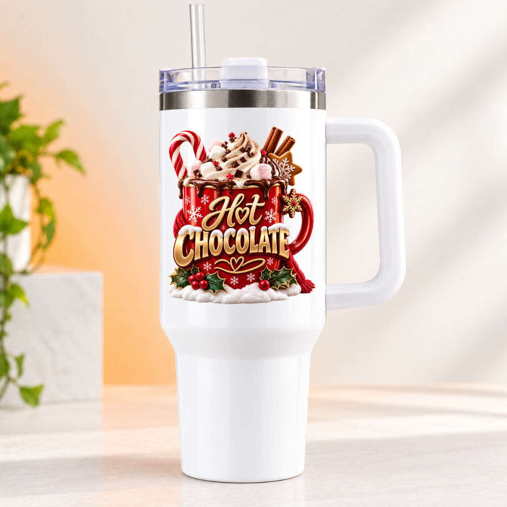 Festive Christmas Travel Tumbler "Hot Chocolate" Graphic 40oz Stainless Steel Insulated Travel Mug with Handle & Straw – Whipped Cream Mug, Candy Cane, Marshmallows & Cinnamon Sticks Festive Gift | Fast Dispatch by UK Seller (T3067)