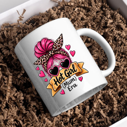 Sassy Mum Mug "Hot Girl (Mum) Era" 325ml Ceramic Coffee Mug Trendy Messy Bun Tea Cup with Leopard Bandana, Heart Sunglasses & Hearts Gift | Available in Multicolours | Fast Dispatch by UK Seller (M1306)