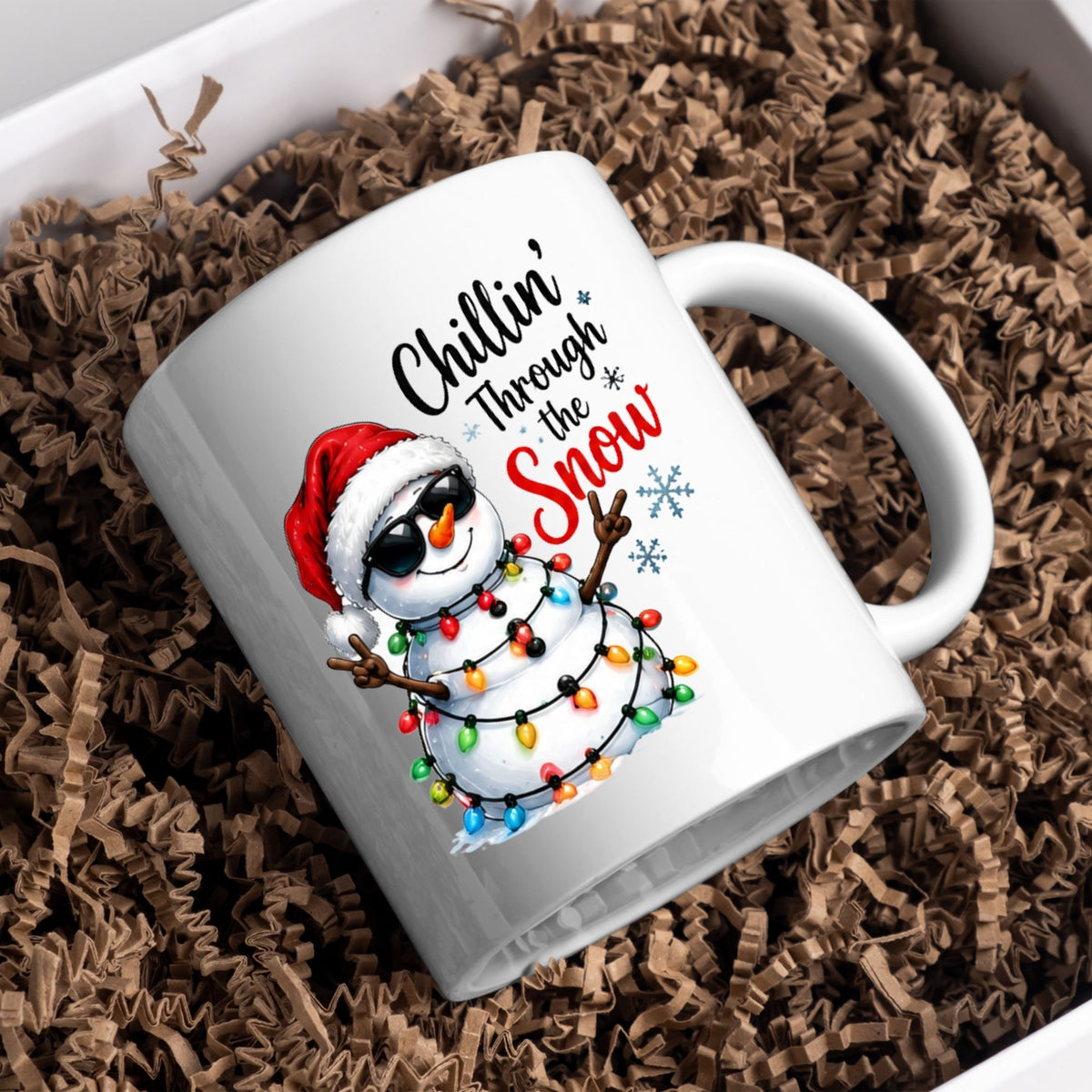Cool Mug "Chillin' Through the Snow" Snowman 325ml Ceramic Coffee Mug  Funny Winter Holiday Tea Cup with Sunglasses & Christmas Lights Gift | Available in Multicolours | Fast Dispatch by UK Seller (M1248)
