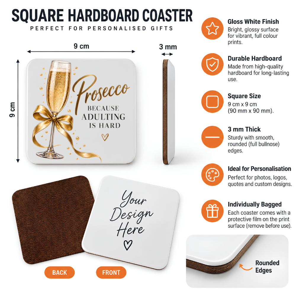Glamorous Prosecco Hardboard Coaster "Prosecco Because Adulting is Hard" Graphic 9cm x 9cm Square Drinks Coaster – Champagne Flute with Gold Satin Ribbon & Sparkles Novelty Mat | Elegant Glossy Gift for Prosecco Lovers | Fast Dispatch by UK Seller (C3012)