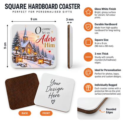 Inspirational Religious Hardboard Coaster "O Come Let Us Adore Him" Graphic 9cm x 9cm Square Drinks Coaster “Winter Church Village with Illuminated Lanterns & Sunset Sky Novelty Mat | Christian Glossy Gift | Fast Dispatch by UK Seller (C3044)