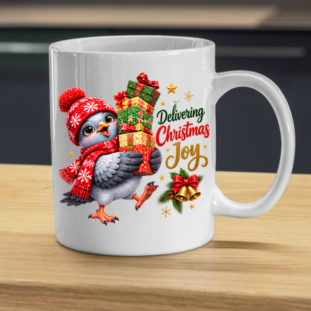 Christmas Mug "Delivering Christmas Joy Cute Bird" 325ml Ceramic Coffee Mug – Adorable Christmas Bird in Red Snowflake Beanie Scarf Carrying Stack Of Festive Gift Boxes Holiday Gift | Available in Multicolours | Fast Dispatch by UK Seller (M3269)