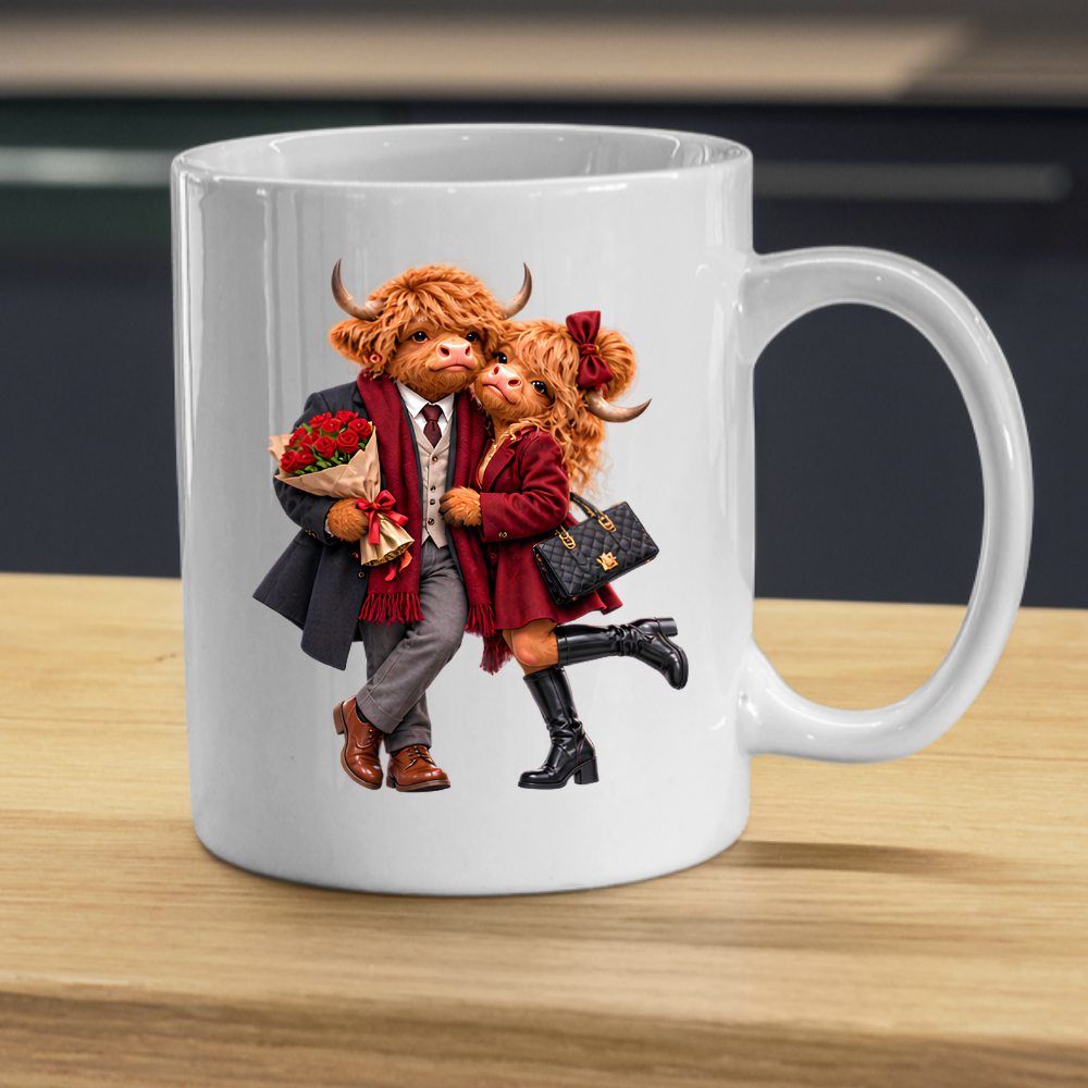 Romantic Mug "Red Roses Highland Cow Couple" 325ml Ceramic Mug – Romantic Highland Cow Couple in Red Coat, Bow & Suit Holding Red Roses Designer Bag Anniversary Valentines Gift For Couples | Available in Multicolours | Fast Dispatch by UK Seller (M3263)