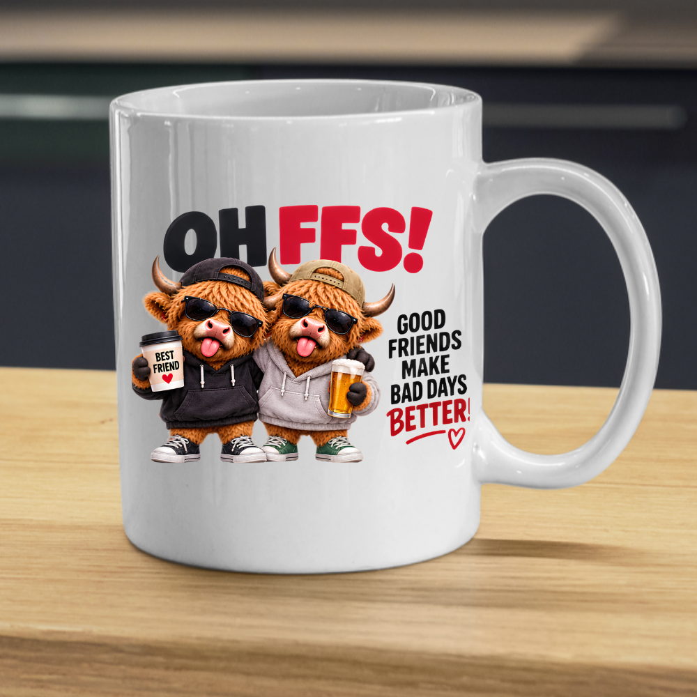 Best Friends Highland Cows Mug "OH FFS! Good Friends Make Bad Days Better!" Oh Ffs! Good Friends Make Bad Days Better! 325ml Ceramic Coffee Mug – Cute Highland Cows in Hoodies & Caps with Cup & Mug | Funny Bestie Gift | Fast Dispatch by UK Seller (M3371)