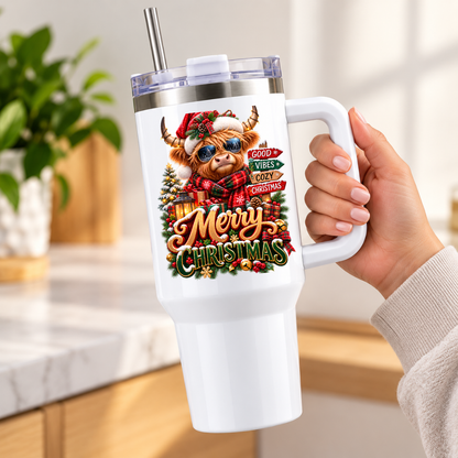 Festive Christmas Highland Cow Travel Tumbler "Merry Christmas" Graphic 40oz Stainless Steel Insulated Travel Mug with Handle & Straw – Cool Cow in Santa Hat, Sunglasses, Scarf & North Pole Sign Novelty Travel Cup | Fast Dispatch by UK Seller (T3042)