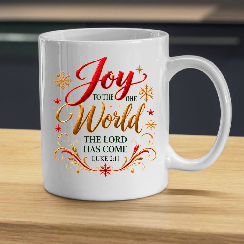 Christmas Mug "Joy To The World Luke 2:11" Joy To The World 325ml Ceramic Coffee Mug – Christian Christmas Bible Verse Mug with Gold Snowflakes Calligraphy Religious Holiday Gift | Available in Multicolours | Fast Dispatch by UK Seller (M3295)