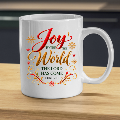Christmas Mug "Joy To The World Luke 2:11" Joy To The World 325ml Ceramic Coffee Mug – Christian Christmas Bible Verse Mug with Gold Snowflakes Calligraphy Religious Holiday Gift | Available in Multicolours | Fast Dispatch by UK Seller (M3295)