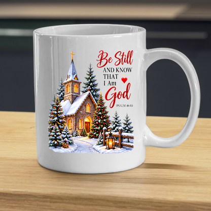 Religious Christmas Mug "Be Still And Know That I Am God" Church Be Still And Know That I Am God 325ml Ceramic Coffee Mug – Church Scripture Mug with Psalm 46:10, Decorated Trees & Lantern | Religious Holiday Gift | Fast Dispatch by UK Seller (M3355)