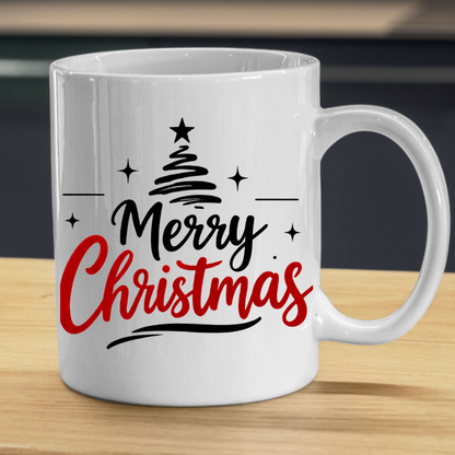 Minimalist Christmas Tree Mug "Merry Christmas" Merry Christmas 325ml Ceramic Coffee Mug – Minimalist Typography Slogan with Black Abstract Christmas Tree, Star Topper & Sparkling Stars | Holiday Gift | Fast Dispatch by UK Seller (M3432)
