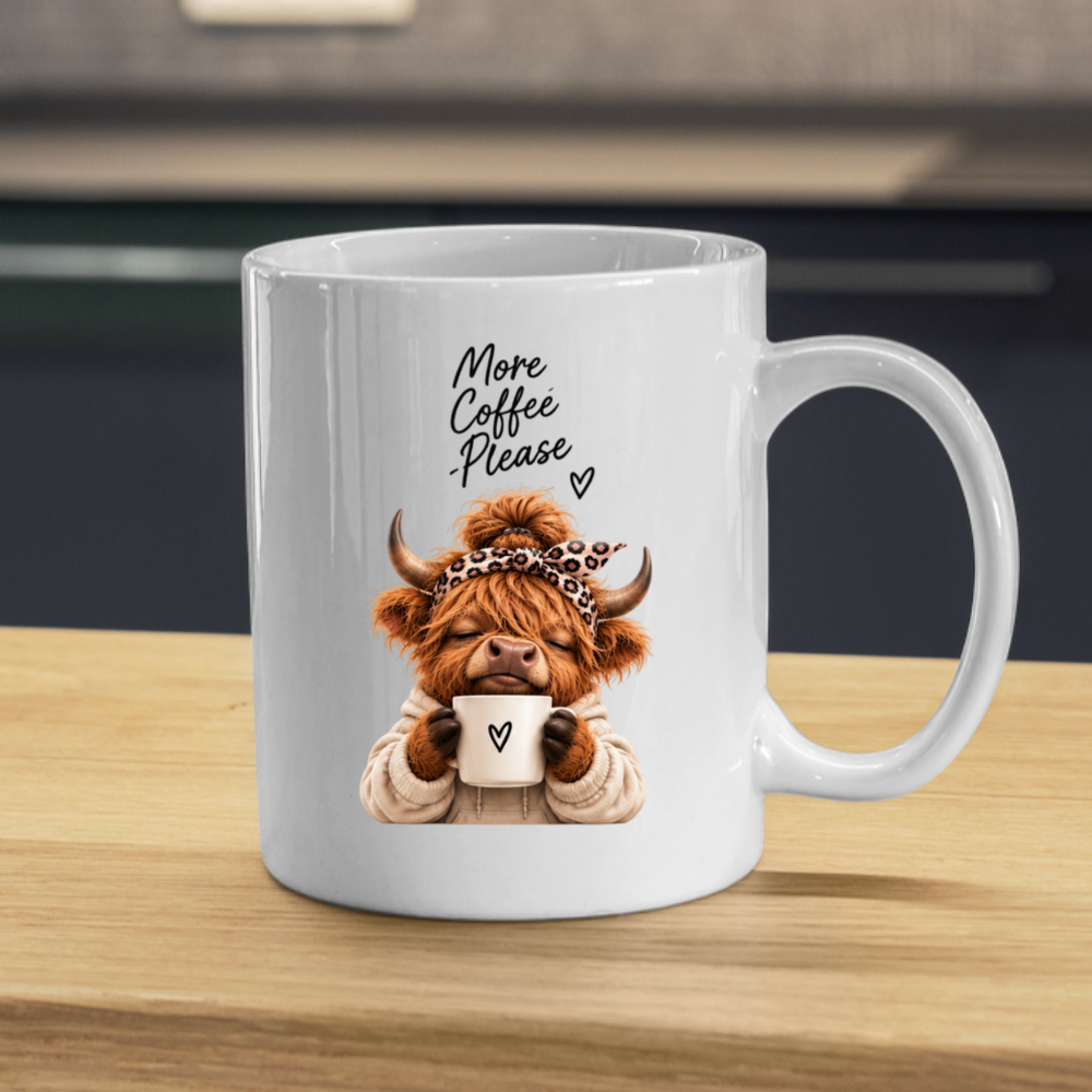 Cozy Highland Cow Mug "More Coffee Please" Graphic 325ml Ceramic Coffee Cup Highland Cow in Neutral Hoodie & Leopard Bandana Novelty Tea Cup | Cute Morning Gift for Her & Coffee Lovers | Available in Multicolours | Fast Dispatch by UK Seller (M3138)
