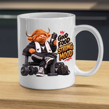 Gym Mug "Good Food Strong Mood Highland Cow" Good Food Strong Mood 325ml Ceramic Coffee Mug – Muscular Highland Cow on Bench with Shaker & Barbells Gym Fitness Gift | Available in Multicolours | Fast Dispatch by UK Seller (M3275)
