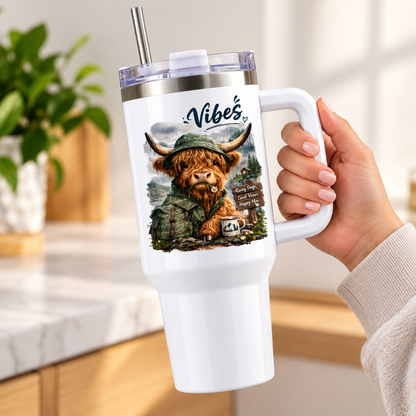 Cute Highland Cow Travel Tumbler "Vibes Rainy Days Good Views Happy Moo" Graphic 40oz Stainless Steel Insulated Travel Mug with Handle & Straw – Hiking Calf in Rain Hat & Jacket Novelty Travel Cup | Fast Dispatch by UK Seller (T3015)