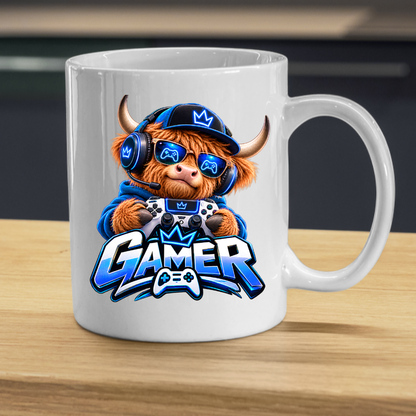 Gaming Mug "Gamer" Highland Cow Gamer 325ml Ceramic Coffee Mug – Cute Highland Cow Gamer in Blue Hoodie & Headset with Controller Art | Video Game Gift | Fast Dispatch by UK Seller (M3347)