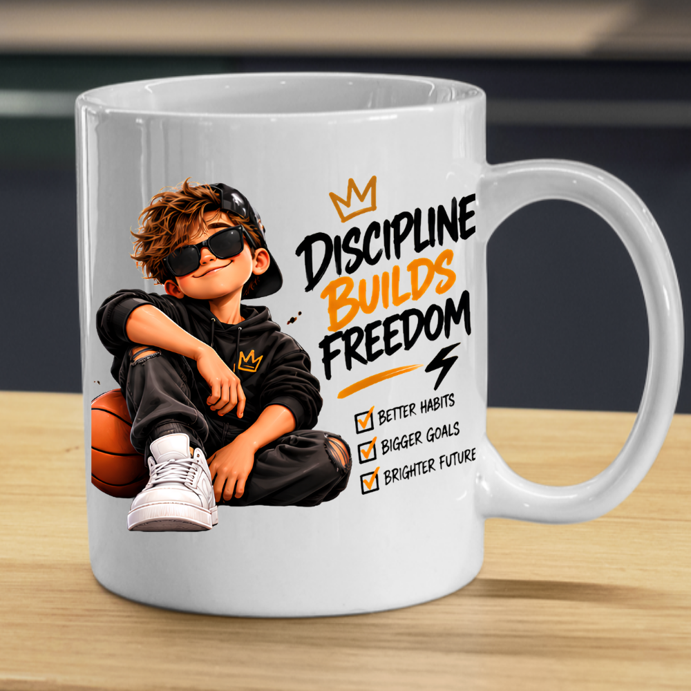 Motivational Mug "Discipline Builds Freedom" 325ml Ceramic Coffee Tea Cup – Cool Boy Graphic, Basketball, Habits & Goals Slogan Novelty Gift for Teens, Men, Birthday – Fast Dispatch by UK Seller (M3501)