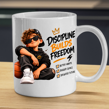 Motivational Mug "Discipline Builds Freedom" 325ml Ceramic Coffee Tea Cup – Cool Boy Graphic, Basketball, Habits & Goals Slogan Novelty Gift for Teens, Men, Birthday – Fast Dispatch by UK Seller (M3501)