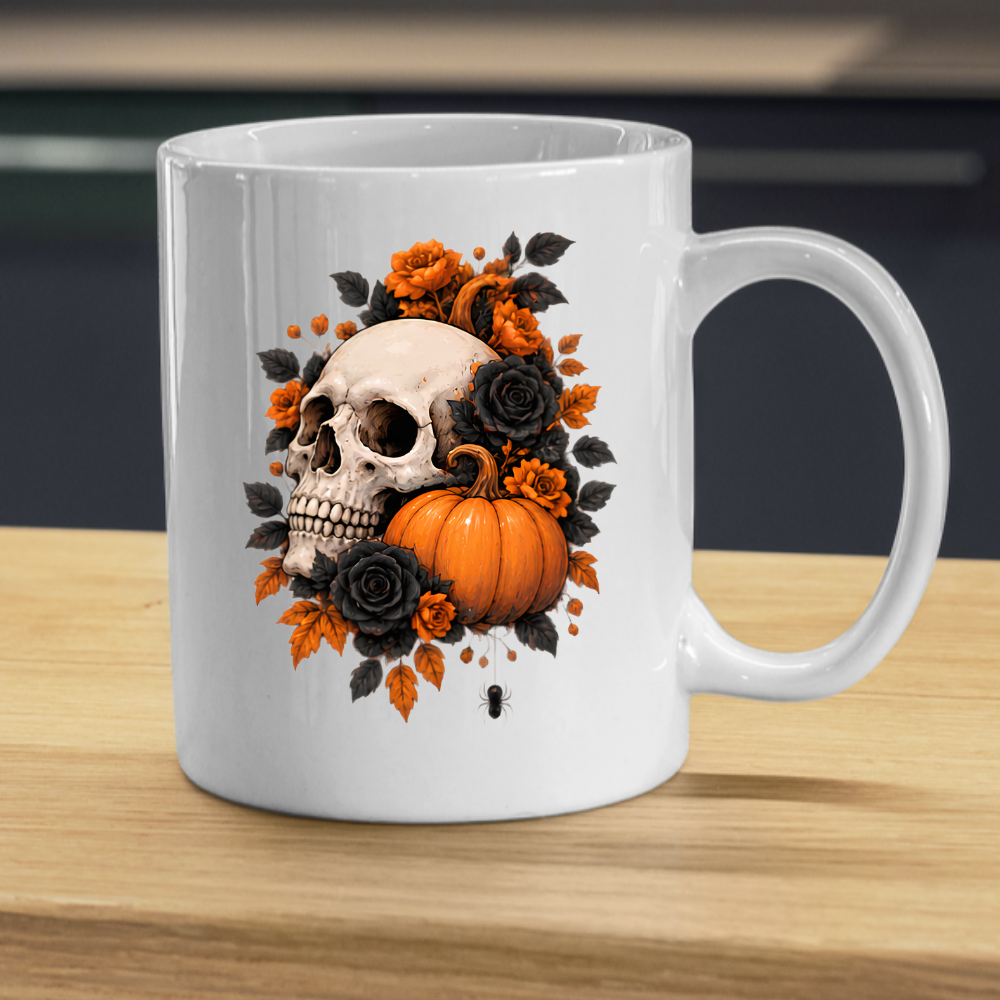 Halloween Mug "Floral Skull & Orange Pumpkin" Floral Skull and Orange Pumpkin 325ml Ceramic Coffee Mug – Gothic Halloween Autumn Tea Cup With Detailed Human Skull Roses Spider Graphic Gift | Available in Multicolours | Fast Dispatch by UK Seller (M3226)